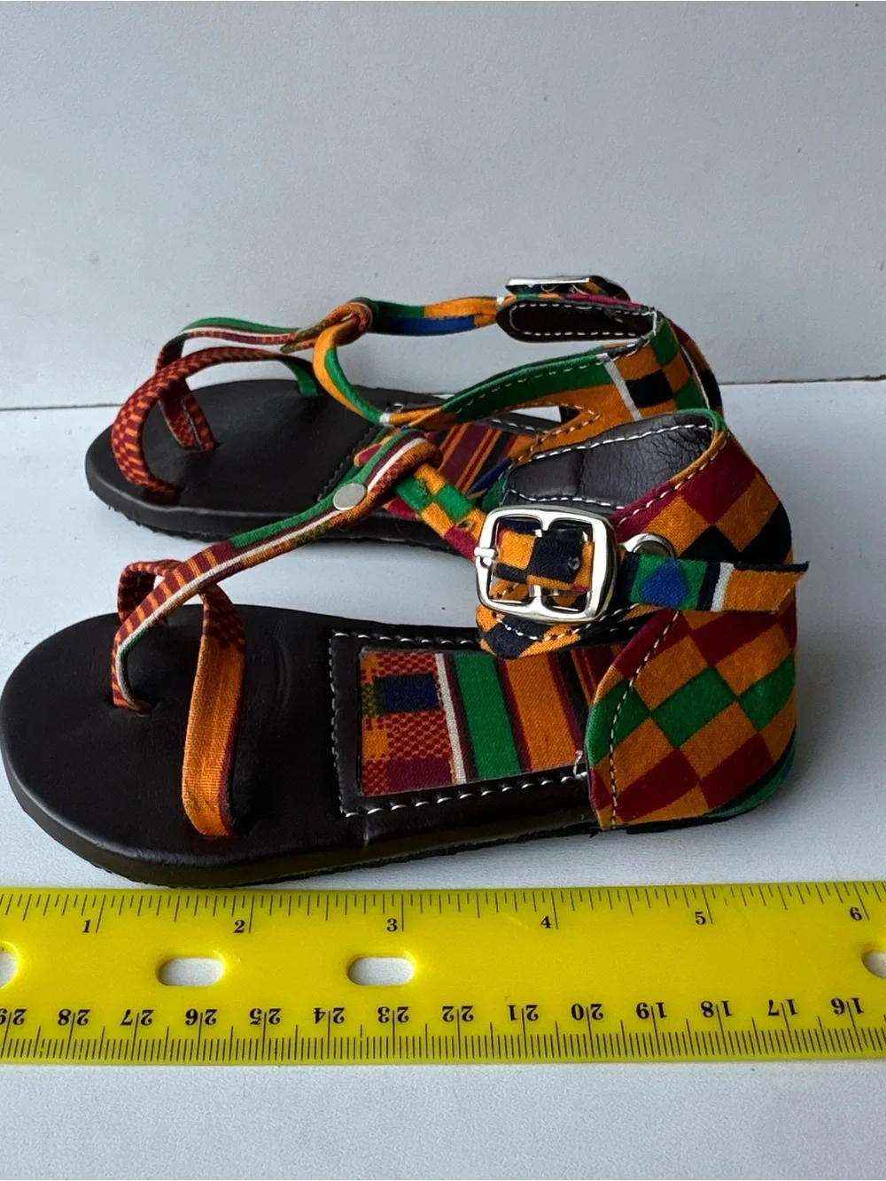 Handmade African Kente Print Fabric Leathe r Sandals Strappy Toddler Kids Size 5